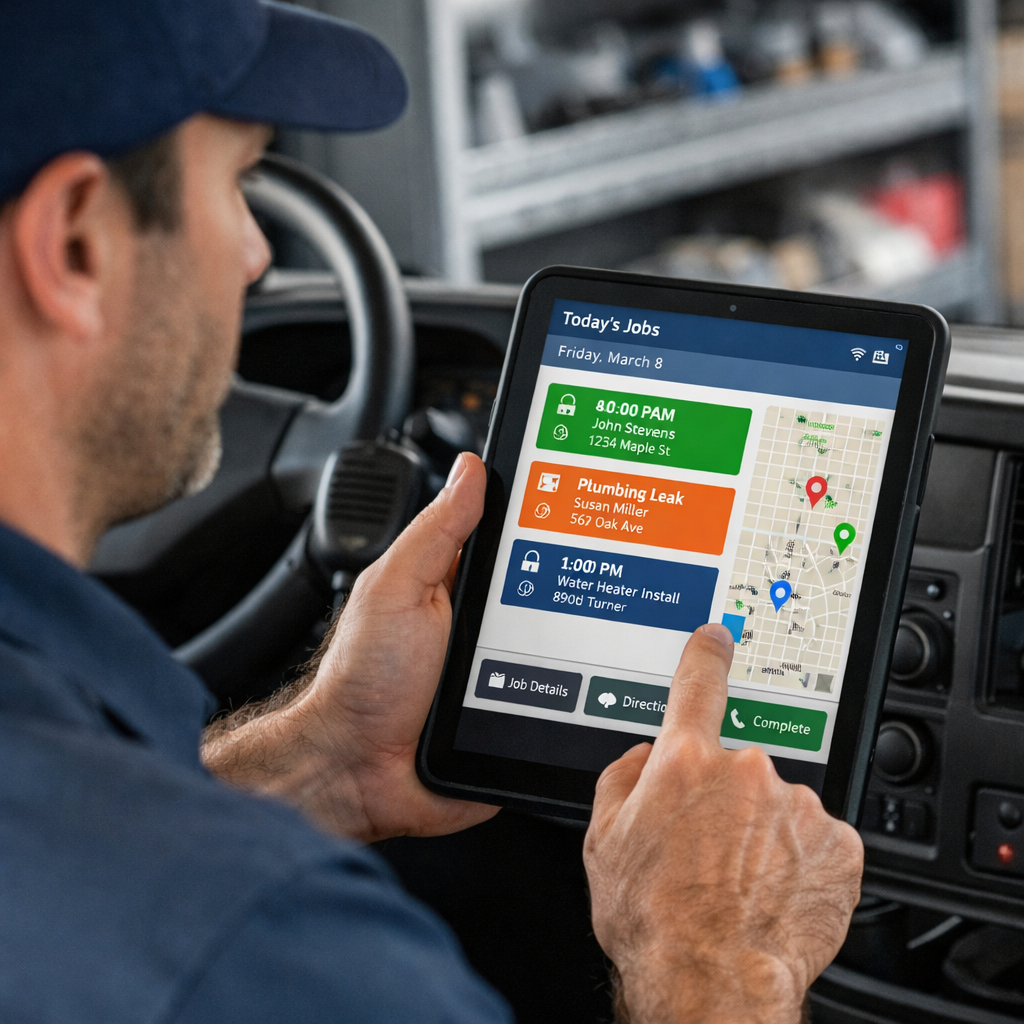 Home service technician sitting in a work van reviewing his daily job schedule on a tablet displaying an automated dispatch dashboard with appointment times, job details, and a map showing service locations.