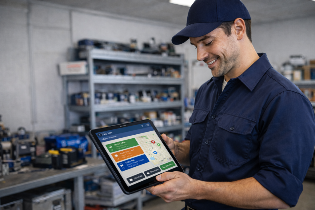 Home service technician in a workshop reviewing his automated job schedule on a tablet before starting his day.